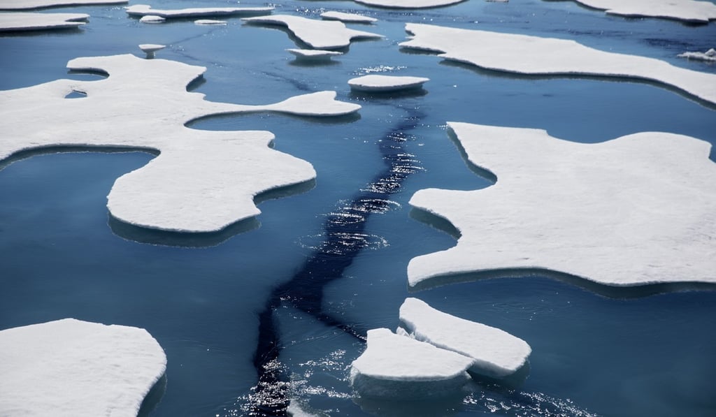 Sea ice breaks apart as the Finnish icebreaker MSV Nordica traverses the Northwest Passage through the Victoria Strait in the Canadian Arctic Archipelago. Since the first orbital images were taken in 1979, Arctic sea ice coverage has dropped by an average of about 34,000 sq miles each year. Photo: AP