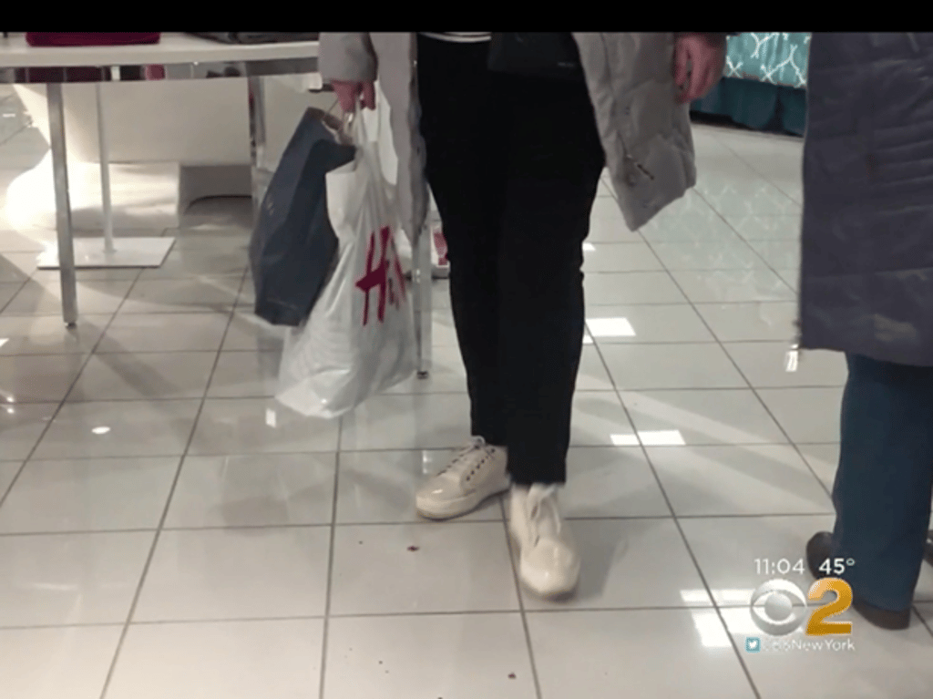 Blood clearly remains on the floor of the JCPenney after shoppers return. Photo: CBS2