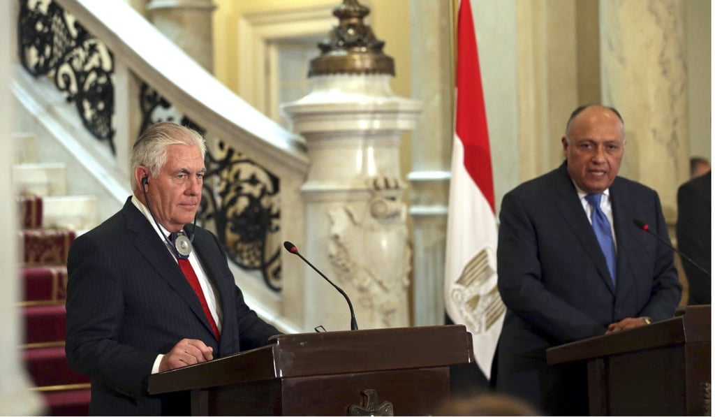Tillerson and Egyptian Foreign Minister Sameh Shoukry at a press conference in Cairo on Monday, February 12, 2018. Photo: AP Tillerson and Egyptian Foreign Minister Sameh Shoukry at a press conference in Cairo on Monday, February 12, 2018. Photo: AP