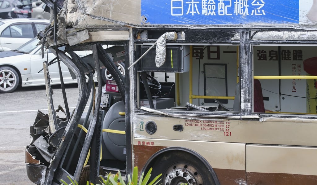 The mangled bus is seen at a vehicle examination centre on Sunday. Photo: David Wong
