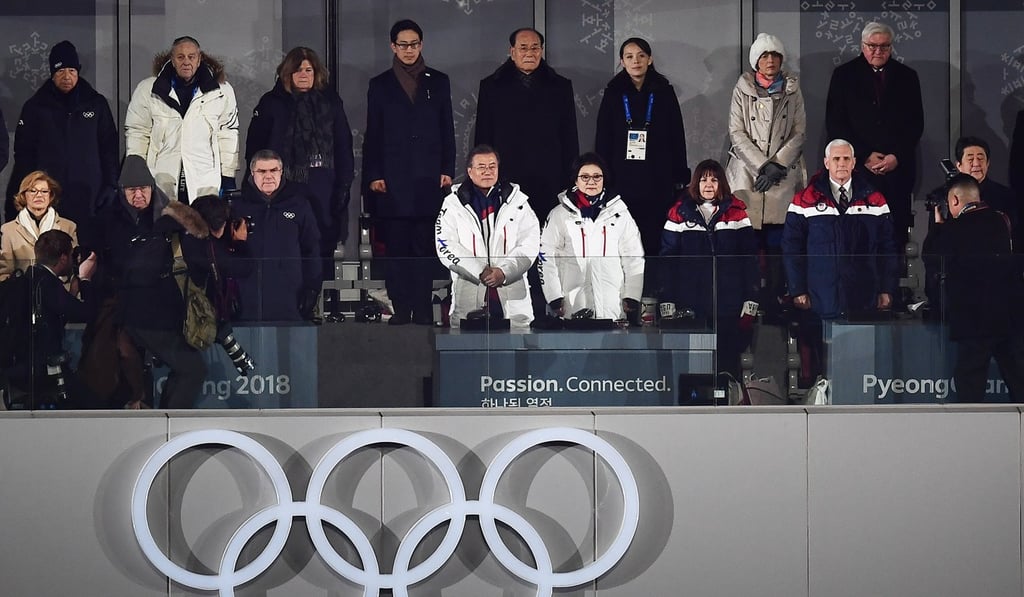 South Korean President Moon Jae-in and his wife Kim Jung-sook (centre), IOC president Thomas Bach (left to them), US Vice-President Mike Pence and his wife Karen Pence (centre right), Japanese Prime Minister Shinzo Abe (right), Kim Young-nam (centre top), president of the Presidium of the North Korean Supreme People's Assembly, Kim Yo-jong (top centre right), the sister of North Korea's leader Kim Jong-un, German President Frank-Walter Steinmeier (top right) and his wife Elke Buedenbender during the Opening Ceremony of the Pyeongchang. Photo: EPA South Korean President Moon Jae-in and his wife Kim Jung-sook (centre), IOC president Thomas Bach (left to them), US Vice-President Mike Pence and his wife Karen Pence (centre right), Japanese Prime Minister Shinzo Abe (right), Kim Young-nam (centre top), president of the Presidium of the North Korean Supreme People's Assembly, Kim Yo-jong (top centre right), the sister of North Korea's leader Kim Jong-un, German President Frank-Walter Steinmeier (top right) and his wife Elke Buedenbender during the Opening Ceremony of the Pyeongchang. Photo: EPA