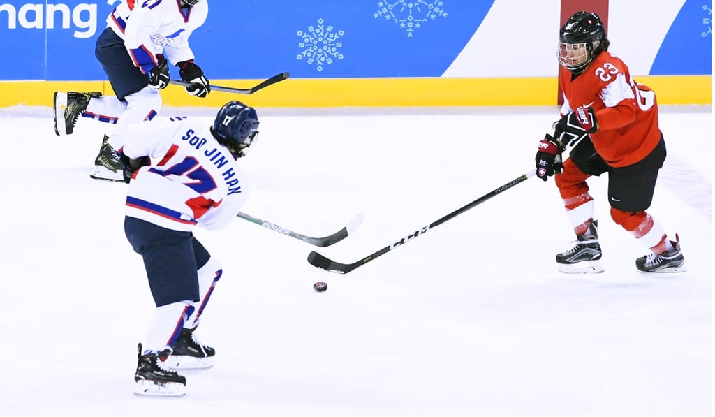 The unified Korean hockey team in action against Switzerland at the Pyeongchang Winter Games. Photo: Kyodo