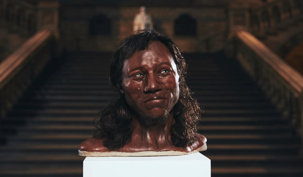 A likeness of ‘Cheddar Man’, Britain's oldest known almost complete human skeleton, is seen at the Natural History Museum, after genetic research concluded that he was dark skinned and blue eyed. Photo: Reuters