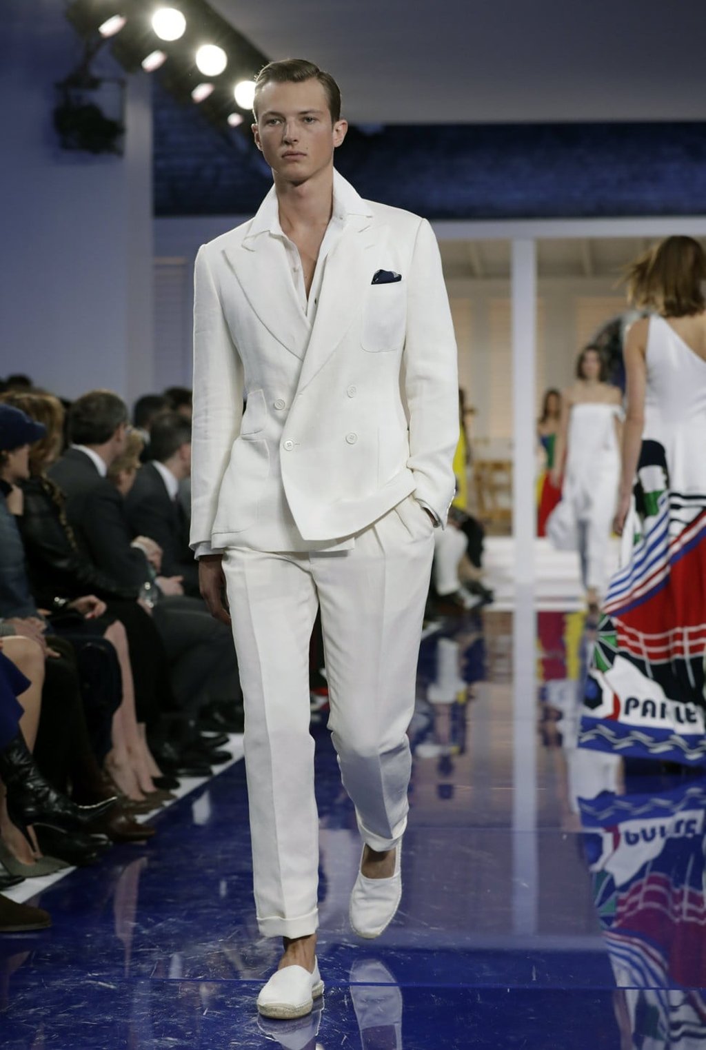 Ralph Lauren’s classic white pantsuit at New York Fashion Week. Photo: Jason Szenes/EPA-EFE Ralph Lauren’s classic white pantsuit at New York Fashion Week. Photo: Jason Szenes/EPA-EFE