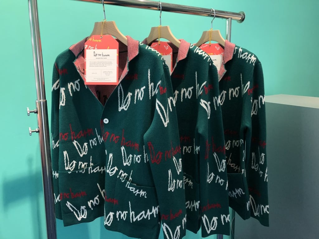 Replica of the jacket Boomtown Gundane wore during his ‘world tour’ is for sale in limited editions at the exhibition. Photo: Enid Tsui