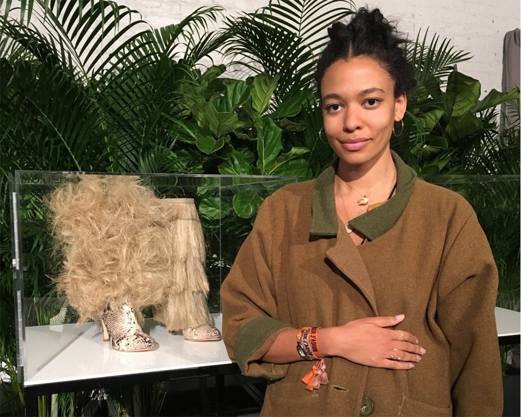 Aurora James, founder of the footwear brand, Brother Vellies, with shoe designs inspired by Africa and the ‘Black Panther’ superhero film at the ‘Black Panther’ showcase. Photo: AP