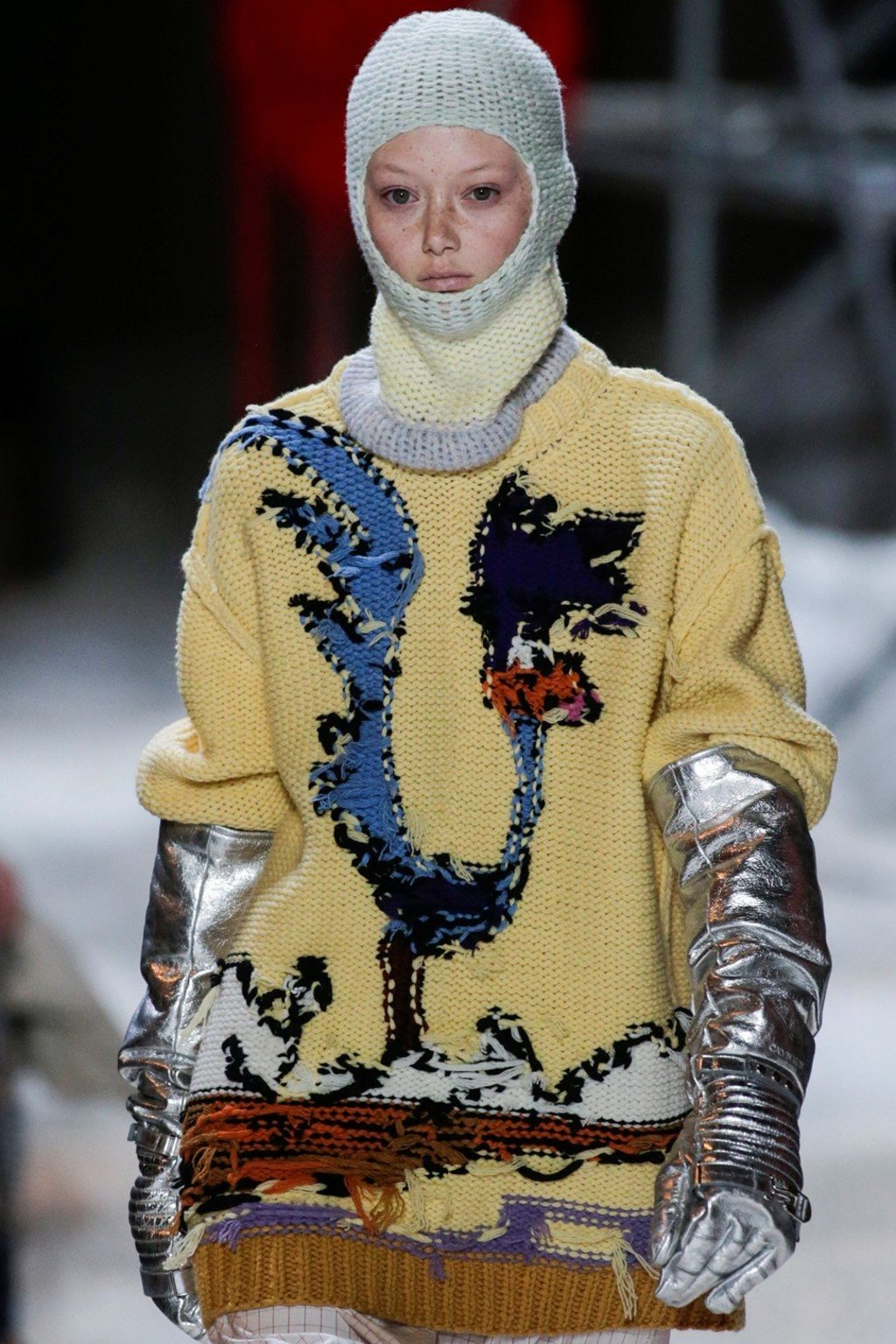 Calvin Klein’s androgynous ensembles included knit balaclavas and huge gloves. Photo: Reuters/Eduardo Munoz