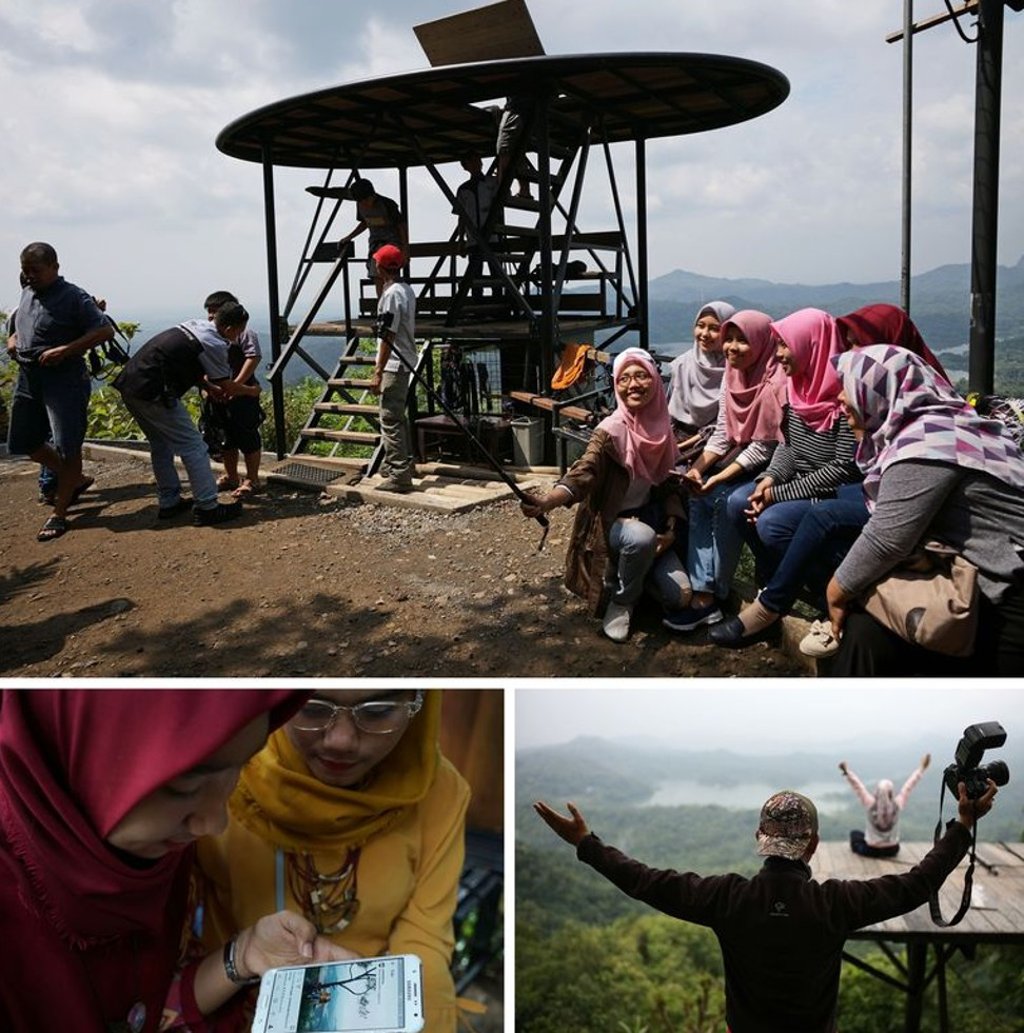 Clockwise from top: Visitors pose for a selfie; a park employee directs a visitor on a pose; visitors look at a photo on the Instagram app. Photos: Dimas Ardian/Bloomberg