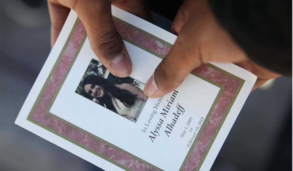 A program is seen from the funeral of Alyssa Alhadeff in Parkland, Florida, on Friday. Alhadeff was one of 17 people killed when Nikolas Cruz allegedly opened fire in her high school. Photo: Getty Images via AFP A program is seen from the funeral of Alyssa Alhadeff in Parkland, Florida, on Friday. Alhadeff was one of 17 people killed when Nikolas Cruz allegedly opened fire in her high school. Photo: Getty Images via AFP