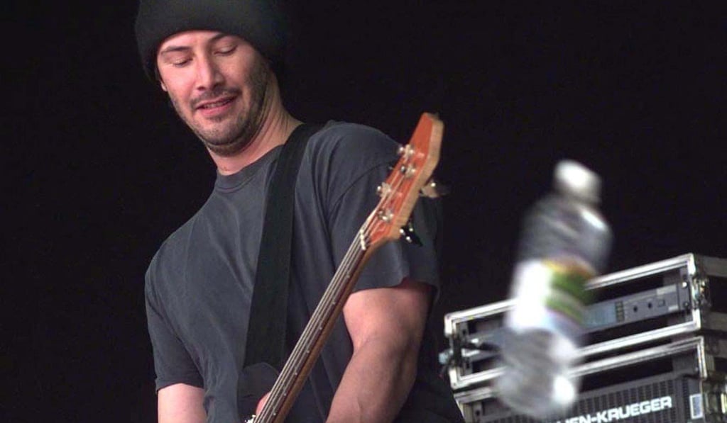 One of several plastic bottles thrown at American film star Keanu Reeves while playing bass with his band Dogstar at Glastonbury in 1999. Photo: ELECTRONIC IMAGE