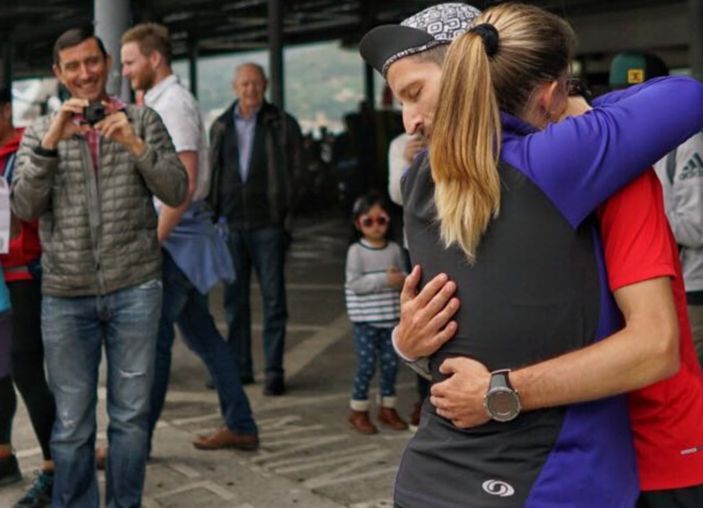 Salomon Wettstein receives a hug after finishing the HK4TUC. Salomon Wettstein receives a hug after finishing the HK4TUC.