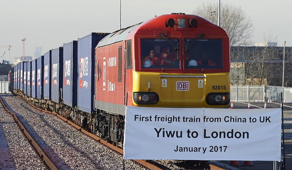 A freight train transporting containers laden with goods from China, arriving at DB Cargo's London Eurohub rail freight depot in Barking, east London on January 18, 2017. Photo: AFP