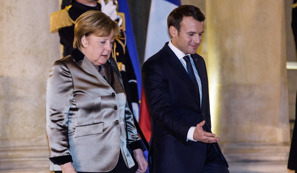German Chancellor Angela Merkel and French President Emmanuel Macron after a meeting last month. They face a lack of a common narrative among member states in trying to forge a closer European Union. Photo: EPA