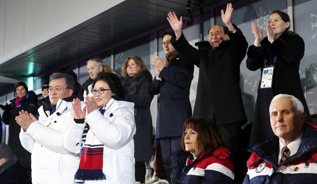 US Vice President Mike Pence watches the joint march by the athletes of both Koreas at the opening ceremony of the PyeongChang Olympics as South Korea President Moon Jae-in claps, North Korea's nominal head of state Kim Yong-nam waves and Kim Yo-jong, the sister of North Korean leader Kim Jong-un, claps. Photo: EPA US Vice President Mike Pence watches the joint march by the athletes of both Koreas at the opening ceremony of the PyeongChang Olympics as South Korea President Moon Jae-in claps, North Korea's nominal head of state Kim Yong-nam waves and Kim Yo-jong, the sister of North Korean leader Kim Jong-un, claps. Photo: EPA