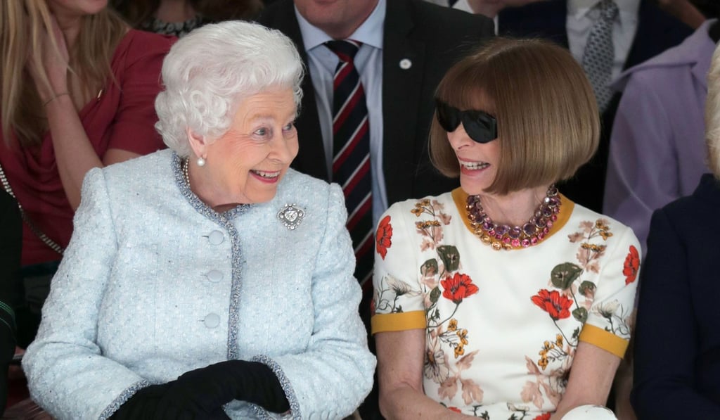The Queen enjoys a chuckle with Wintour, whom she made a dame in last year’s honours. Photo: Pool via AFP