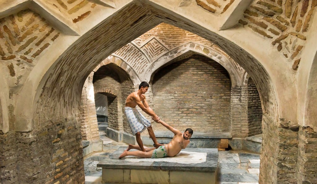 Men bathe inside the historic Hammam Bozori Kord, in Bukhara. Picture: Alamy Men bathe inside the historic Hammam Bozori Kord, in Bukhara. Picture: Alamy