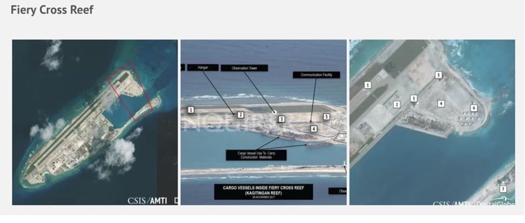 Satellite and aerial images of Fiery Cross Reef reveal recent construction on the island. Photo: Philippine Daily Inquirer and CSIS Asia Maritime Transparency Initiative/DigitalGlobe