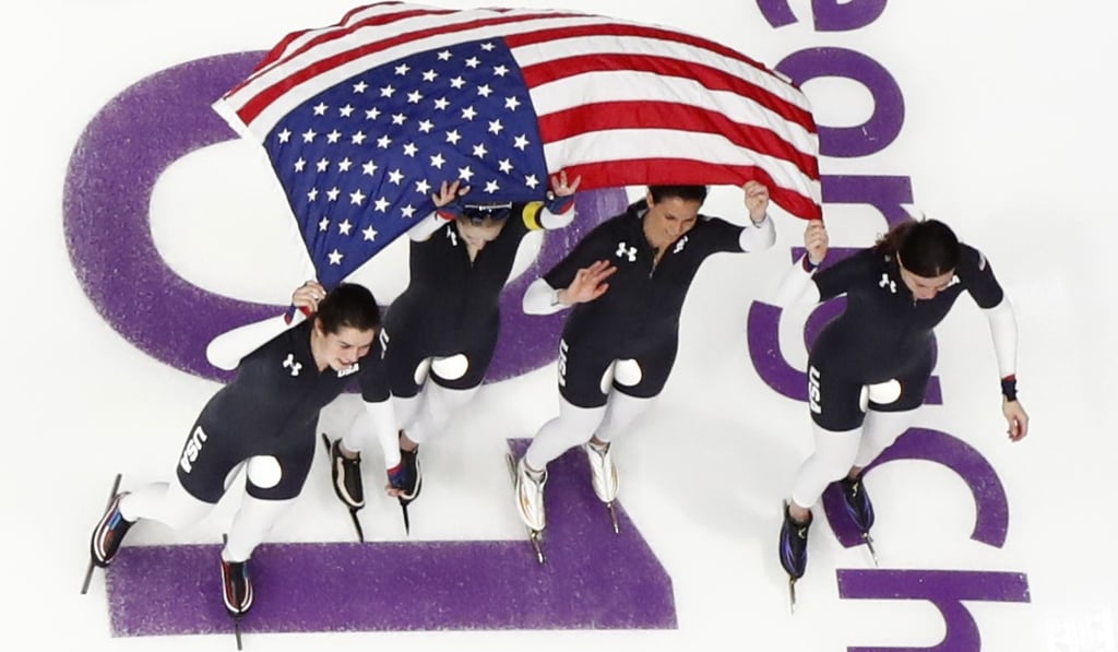 US women speed skaters celebrate after winning a bronze medal in Pyeongchang. Photo: Reuters