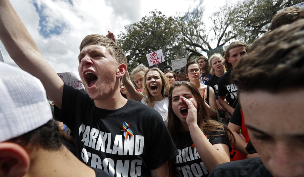 Student survivors from Marjory Stoneman Douglas High School participate in a rally for gun control reform on the steps of the state capitol, in Tallahassee, Florida, on Wednesday. Photo: AP