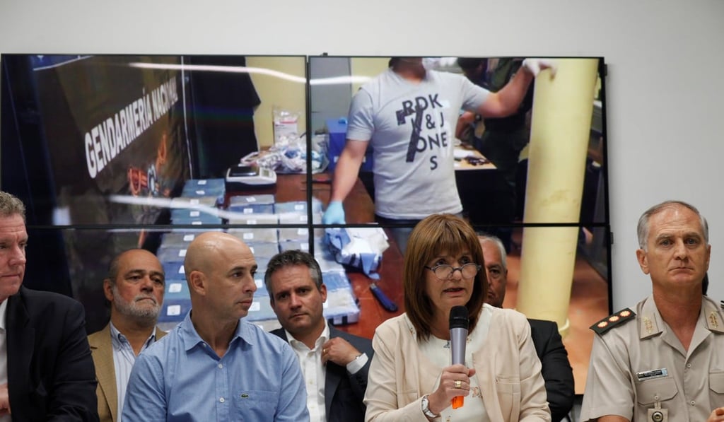 Argentina's Security Minister Patricia Bullrich announces that around 400kg of cocaine have been found at the Russian embassy. Photo: Reuters