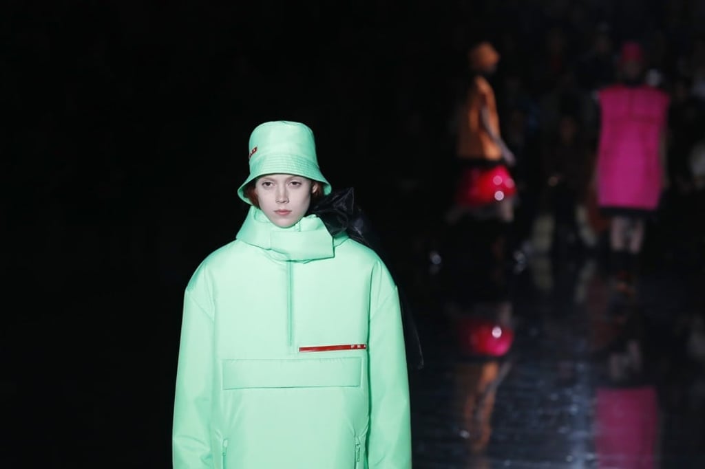 A model wears a Prada outfit during the show. Photo: AP