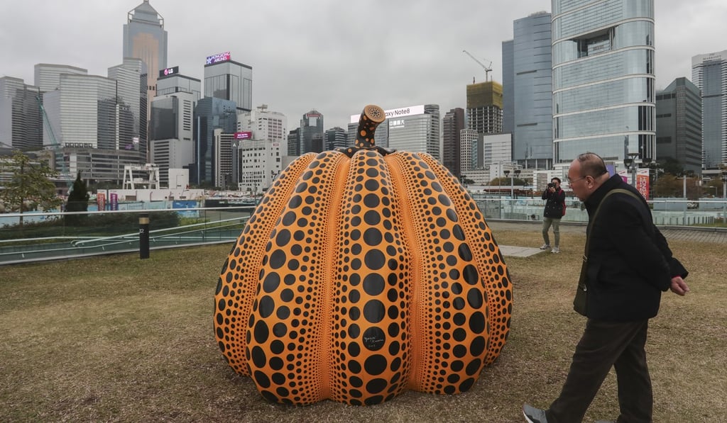 Yayoi Kusama's Pumpkin: big 2008 at Hong Kong’s Harbour Arts Sculpture Park, unveiled on the waterfront between Central and Wan Chai on Thursday. Photo: Jonathan Wong
