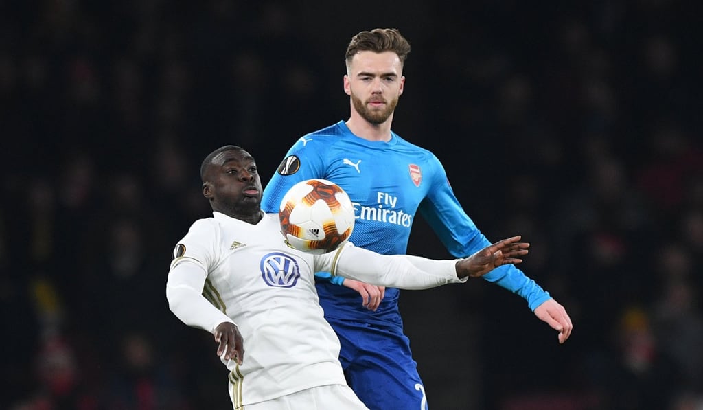 Ostersunds’ Ken Sema (L) vies for the ball against Arsenal’s Calum Chambers during their Uefa Europa League clash. Photo: EPA
