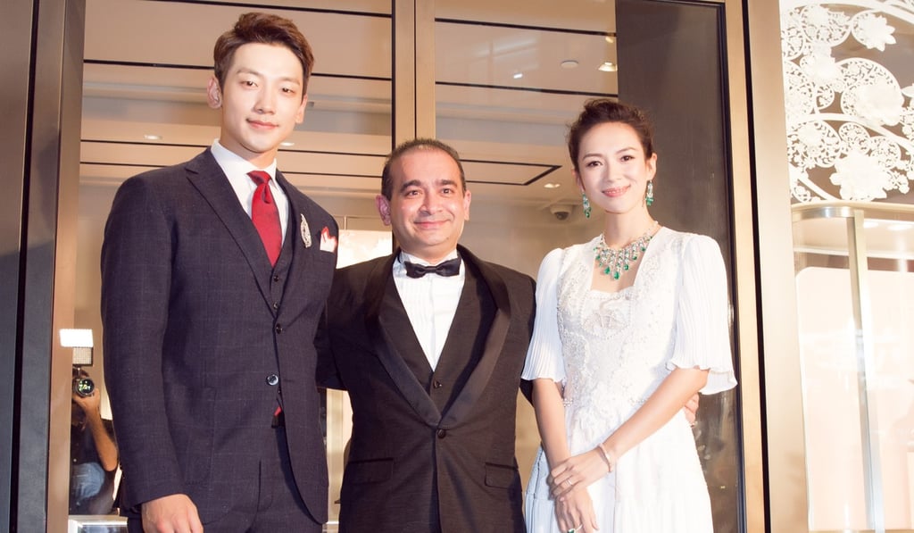 From left, South Korean pop star Rain, global jeweller Nirav Modi and Chinese actress Zhang Ziyi attend Modi's first international flagship store grand opening in Hong Kong. Photo: Handout