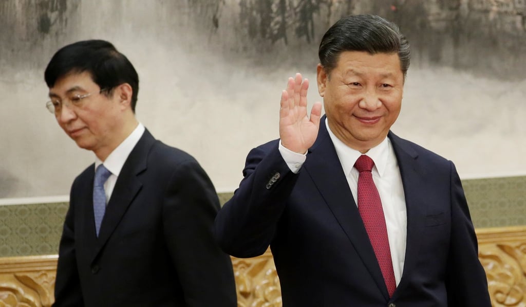 Wang Huning (left) and President Xi Jinping at the announcement of the new Politburo Standing Committee line-up at the Great Hall of the People in Beijing in October. Photo: Reuters