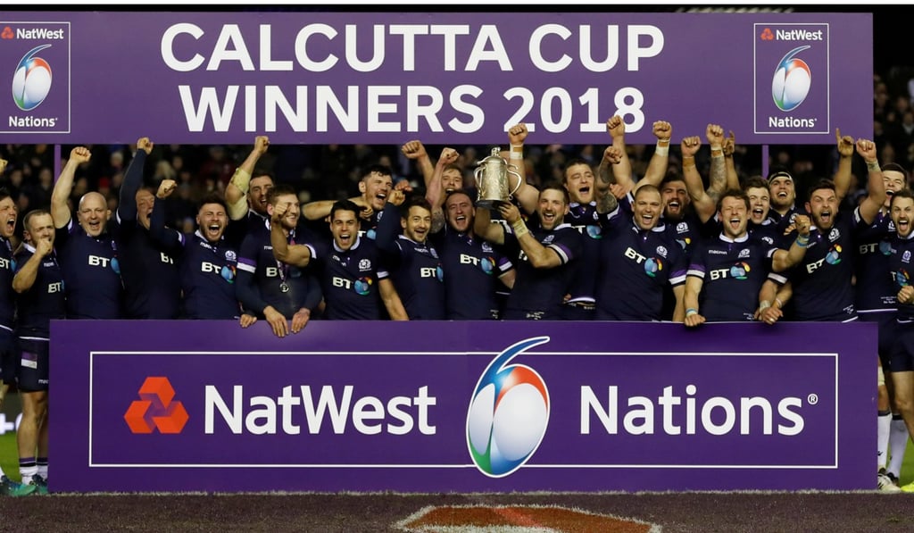 Scotland players celebrate with the Calcutta Cup. Photo: Reuters