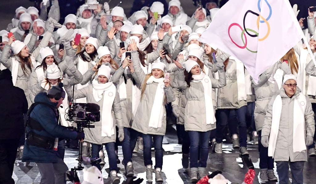 Russian athletes in the stadium during the opening ceremony. Photo: Kyodo Russian athletes in the stadium during the opening ceremony. Photo: Kyodo