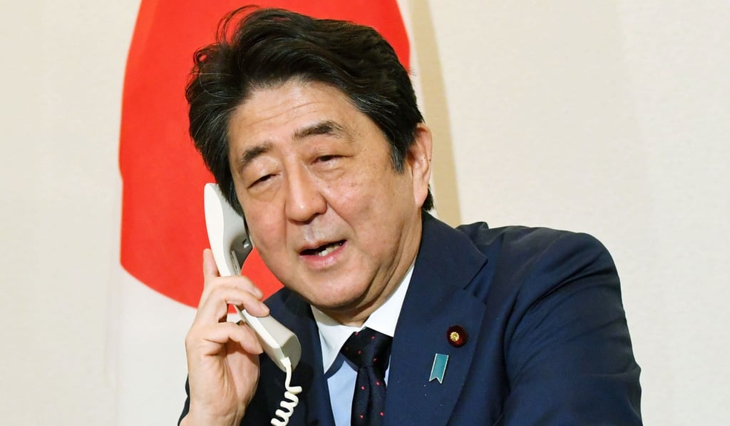 Japanese Prime Minister Shinzo Abe (pictured on Feb 19 congratulating a Japanese Olympian) agreed with UK PM Theresa May to patrol the seas to stop North Korean ships skirting sanctions. Photo: Kyodo Japanese Prime Minister Shinzo Abe (pictured on Feb 19 congratulating a Japanese Olympian) agreed with UK PM Theresa May to patrol the seas to stop North Korean ships skirting sanctions. Photo: Kyodo
