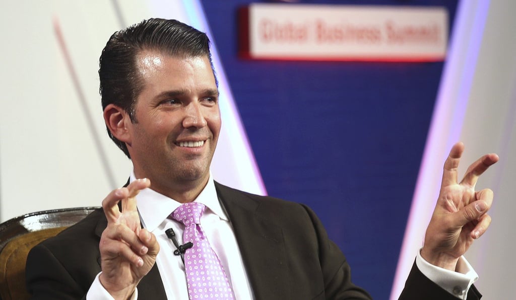 The eldest son of US President Donald Trump, Donald Trump Jr, speaks at a global business summit in New Delhi, India. Photo: AP