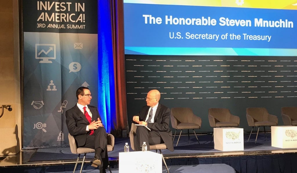 US Treasury Secretary Steven Mnuchin (left) discussed China with John Bussey, associate editor of The Asian Wall Street Journal. Photo: Robert Delaney