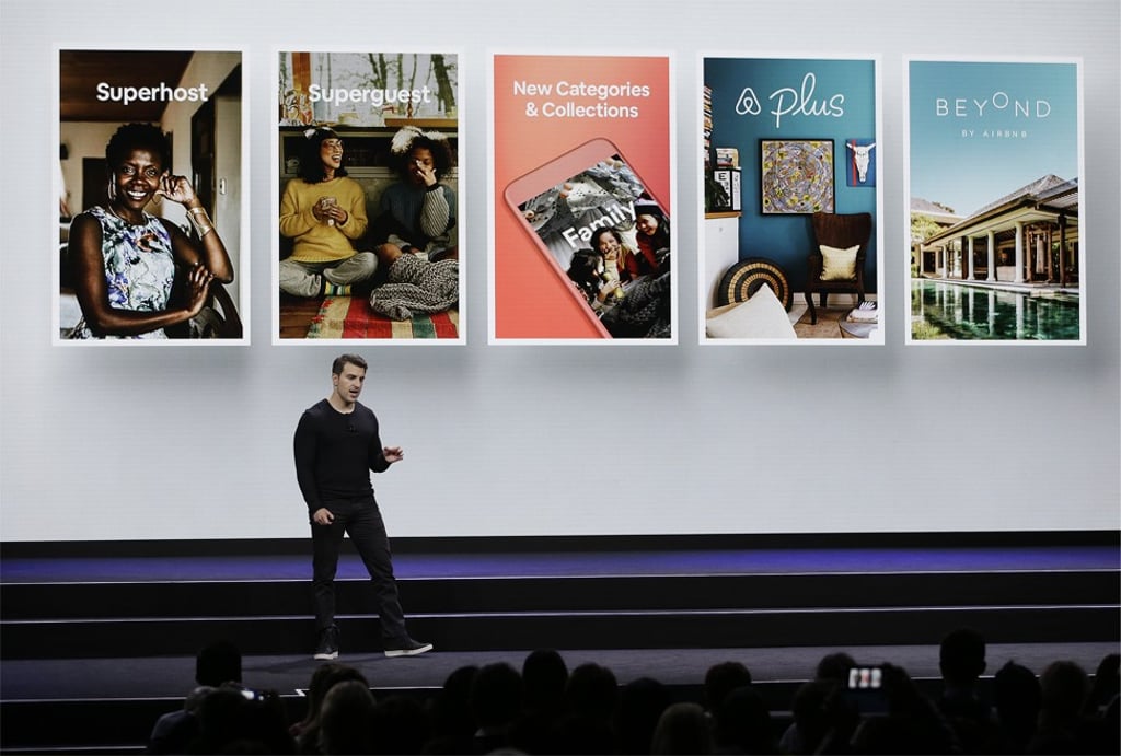 Airbnb co-founder and chief executive Brian Chesky unveils the company’s changes in San Francisco on February 22. Photo: AP Airbnb co-founder and chief executive Brian Chesky unveils the company’s changes in San Francisco on February 22. Photo: AP