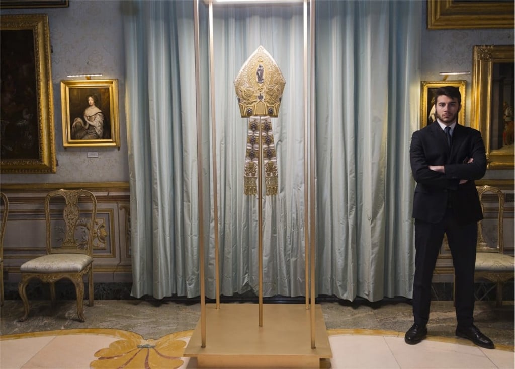 The 1929 mitre of Pope Pius XI, which will feature in the New York exhibition, is displayed in Rome on Monday. Photo: AP
