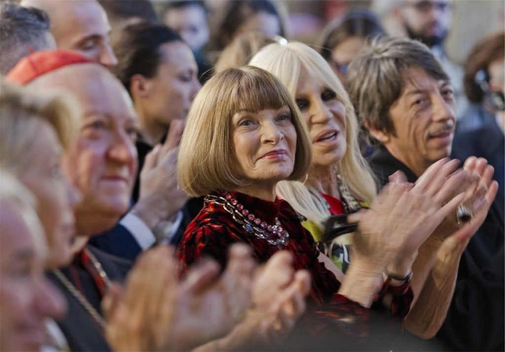 (From left) Cardinal Gianfranco Ravasi, Anna Wintour, Donatella Versace and Pierpaolo Piccioli applaud at an event to publicise the New York exhibition at Palazzo Colonna in Rome on Monday. Photo: AP