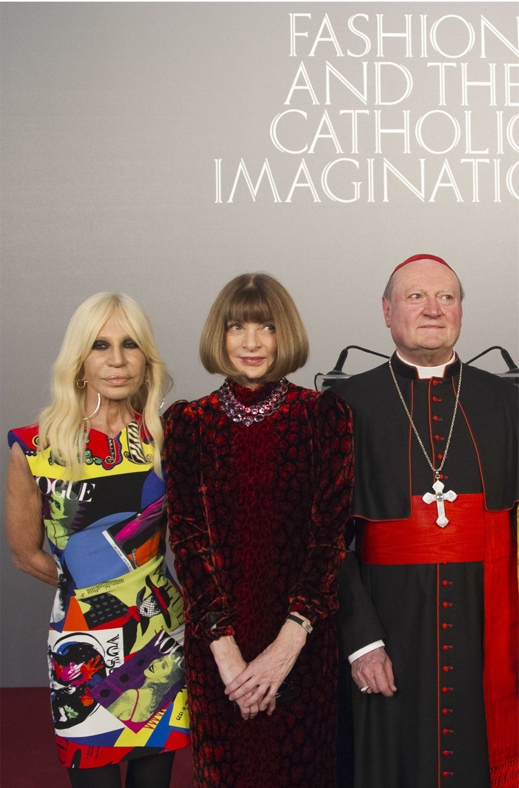 Designer Donatella Versace (left), “Vogue” editor-in-chief Anna Wintour and Cardinal Gianfranco Ravasi are pictured at the Palazzo Colonna in Rome. Photo: AP