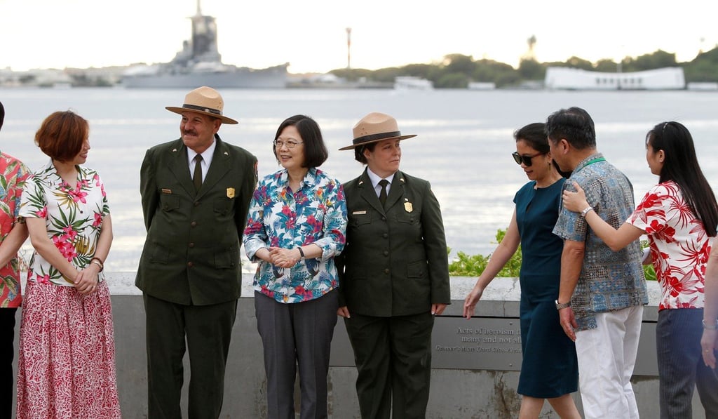 Taiwanese President Tsai Ing-wen (third from left) with delegates and park service members at the USS Arizona Memorial at Pearl Harbour near Honolulu, Hawaii in October, en route to visit Pacific island allies. Photo: Reuters