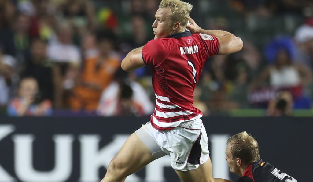 Max Woodward charges forward for Hong Kong in last year’s Sevens. Photo: Xiaomei Chen