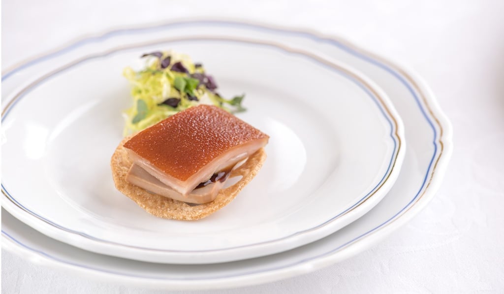 Roasted suckling pig with foie gras and deep-fried lotus root from One Harbour Road.