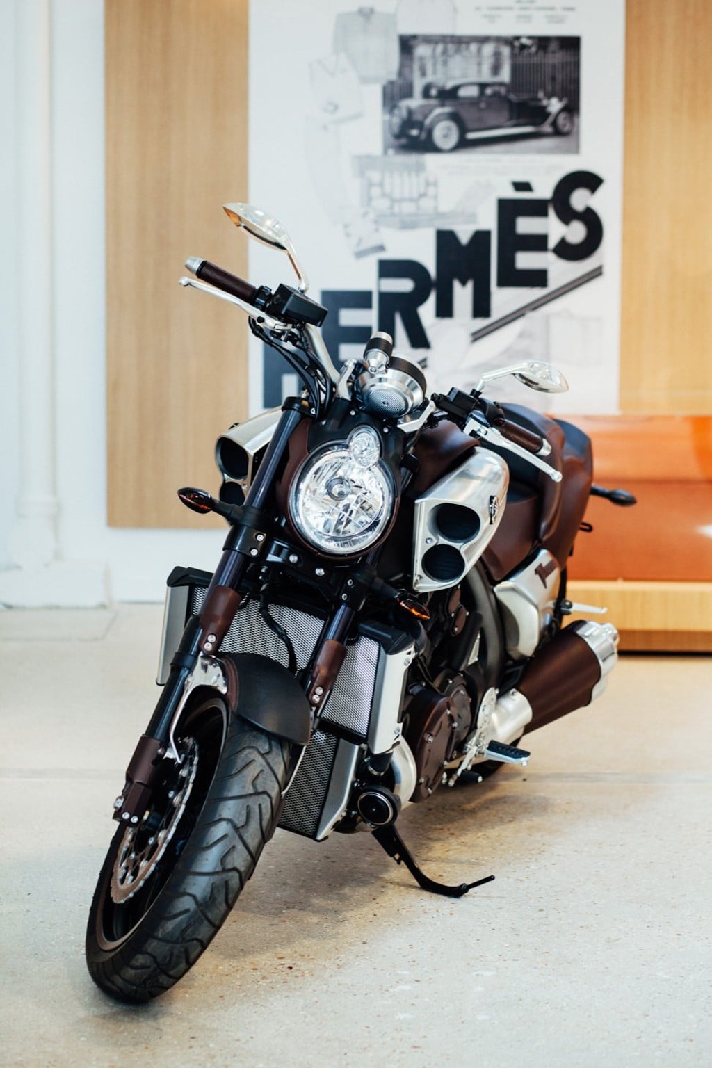A finished motorbike in the Hermès showroom. Photo: Lucien Lung