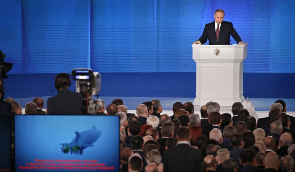 Russian President Vladimir Putin delivers his annual address to the Federal Assembly in Moscow. Photo: EPA