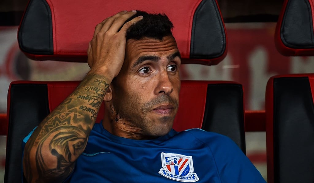 Shanghai Shenhua’s Carlos Tevez looks on during the Shanghai derby. Photo: AFP