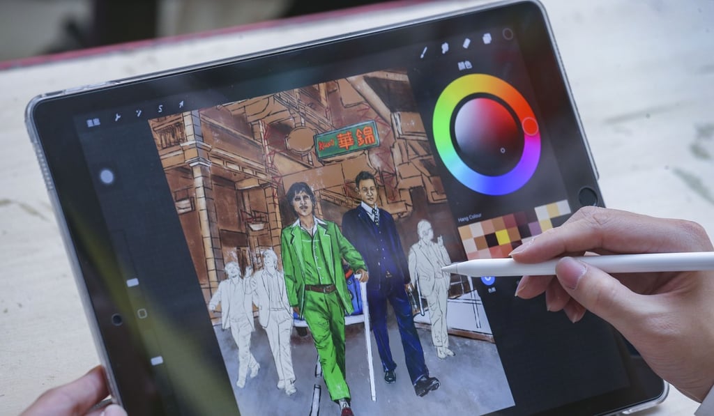 Lam Ka-hang demonstrates the use of an iPad to draw retro movie posters. Photo: Dickson Lee