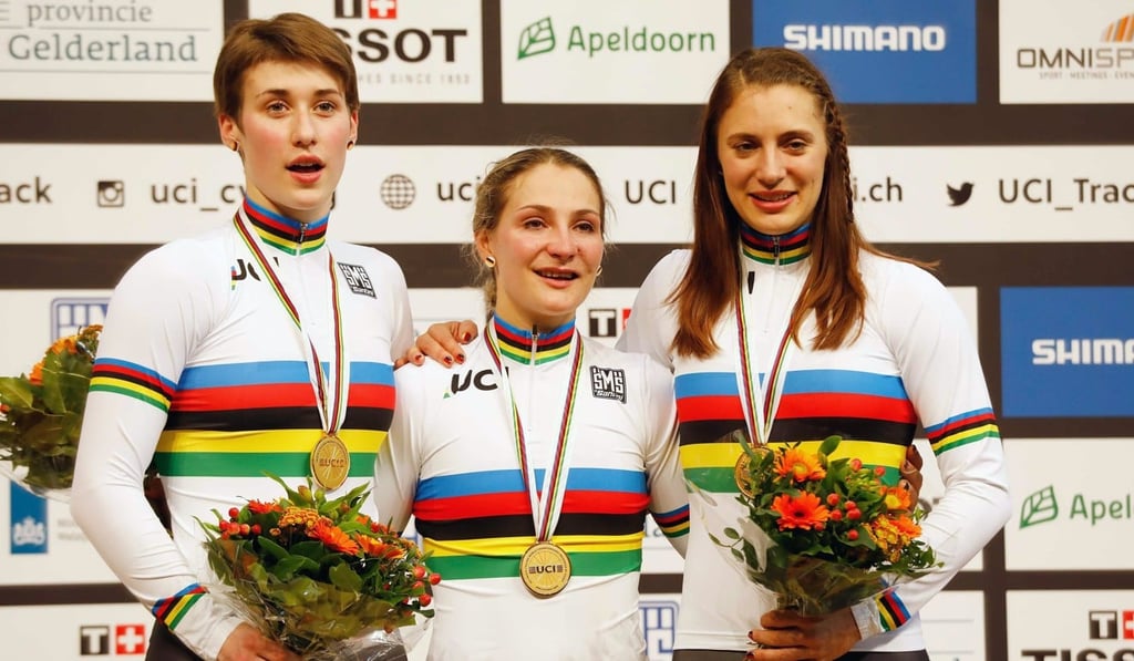 Kristina Vogel (centre), Sophie Grabosch (left) and Miriam Welte of Germany celebrate on the podium after winning the team sprint at the UCI Track Cycling World Championships in Apeldoorn, Netherlands. Photo: EPA Kristina Vogel (centre), Sophie Grabosch (left) and Miriam Welte of Germany celebrate on the podium after winning the team sprint at the UCI Track Cycling World Championships in Apeldoorn, Netherlands. Photo: EPA