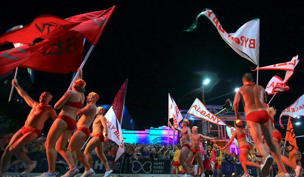 Participants dressed as surf lifesavers dance during the 40th anniversary of the Sydney Gay and Lesbian Mardi Gras Parade in central Sydney, Australia on March 3, 2018. Photo: Reuters