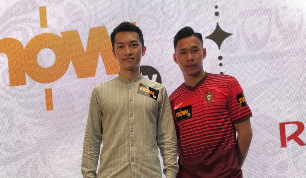 Hong Kong goalkeeper Yapp Hung-fai and local badminton ace Angus Ng Ka-long at NOW TV World Cup launch. Photo: Handout