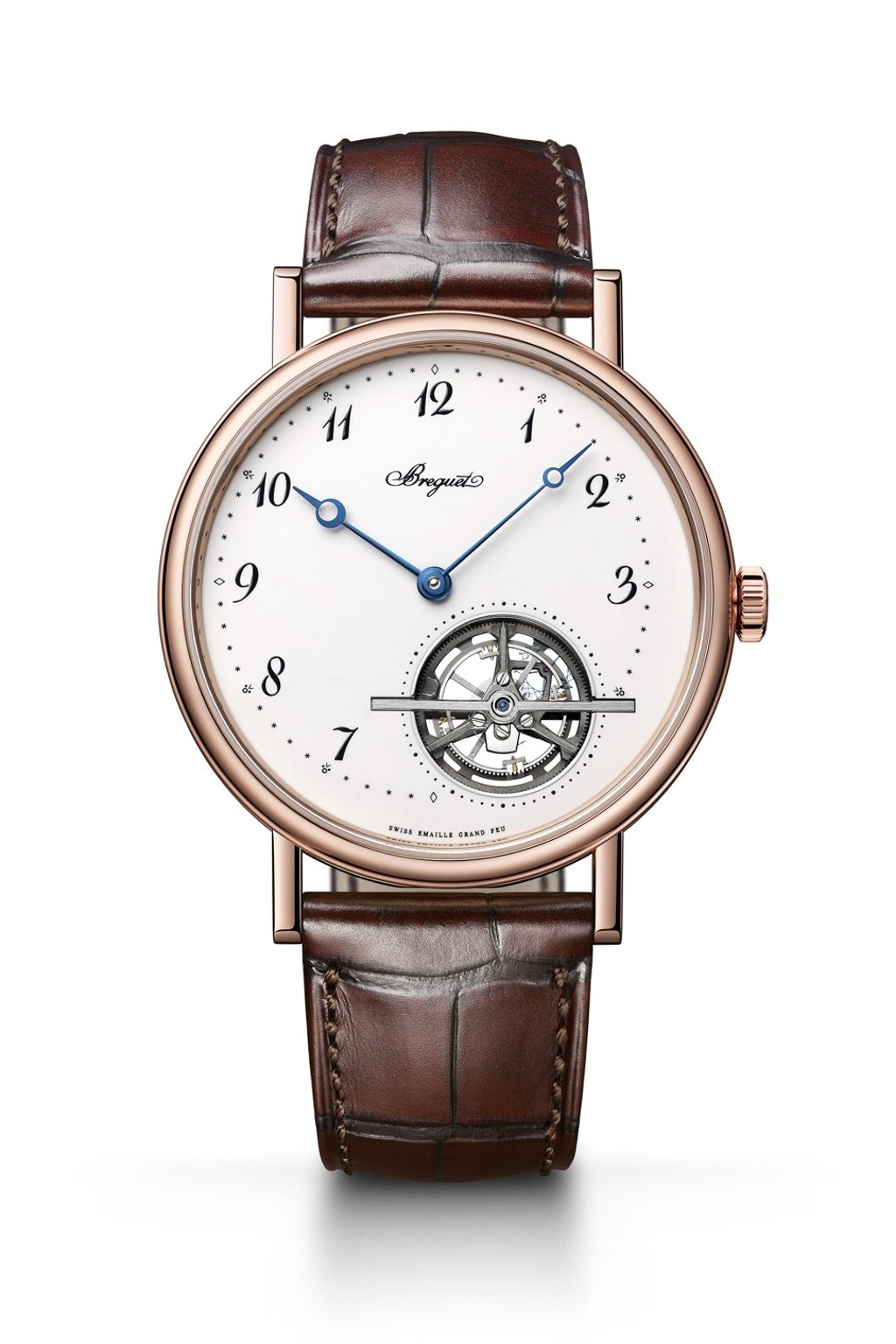 Breguet. This Classique Tourbillon Extra-Plat Automatique 5367 timepiece comes in rose gold with a sapphire crystal caseback. It has a dial in Grand Feu enamel, blue hands and a graphic hand-bevelled tourbillon bar topped by a spinel. Price on request