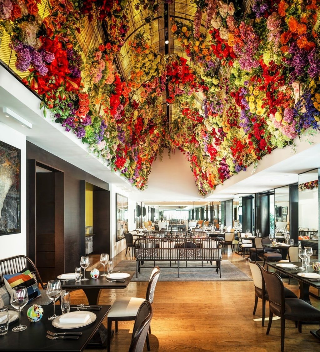 Sevva’s harbourside dining room has a strong floral theme.